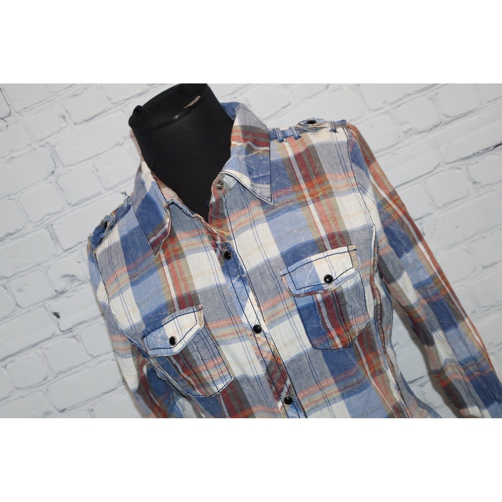 BKE Buckle Western Shirt Women Medium Blue Plaid Western Epaulets Pearl Snaps